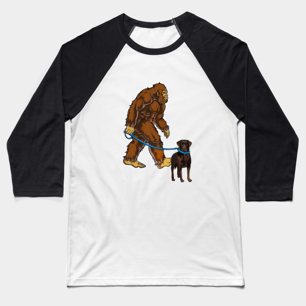 Funny Bigfoot Sasquatch Walking chocolate lab Baseball T-Shirt by JameMalbie